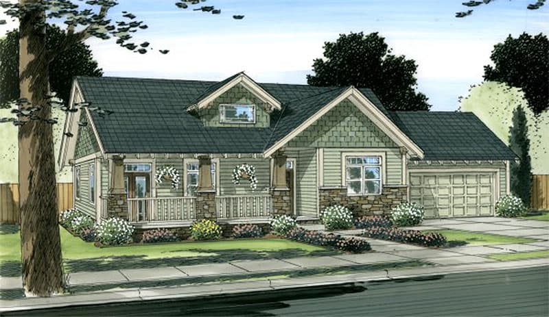Craftsman house plan exterior: one story, front porch, dormer, stone accents, and attached garage.