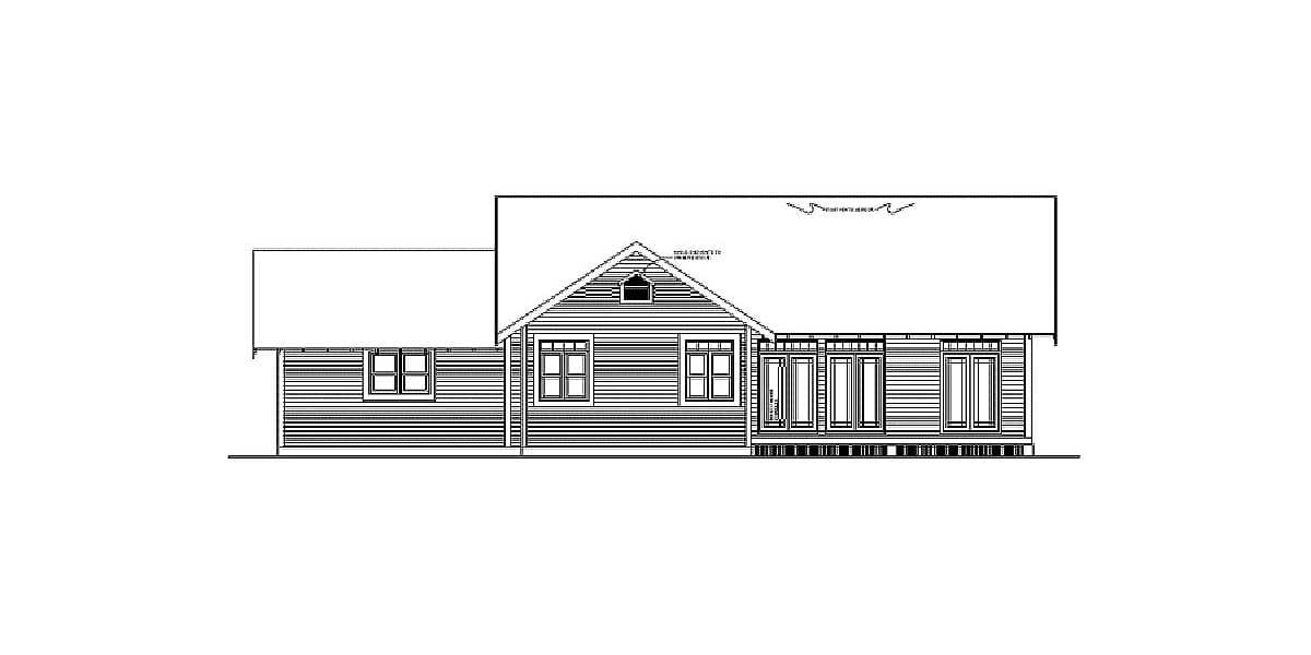 House plan elevation drawing showing a one-story home with horizontal siding, gable, dormer, and porch.