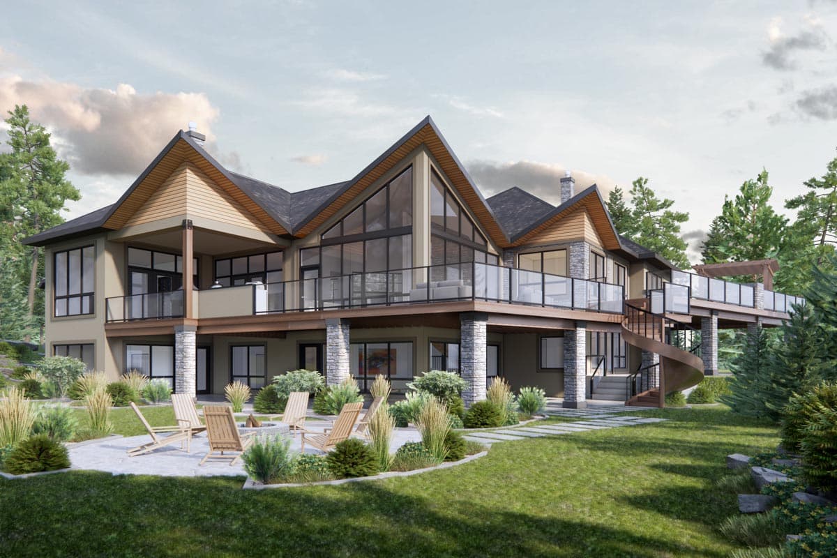 House plan exterior with modern design. Two-story home with gable roof, large windows, and a wraparound deck with a spiral staircase.
