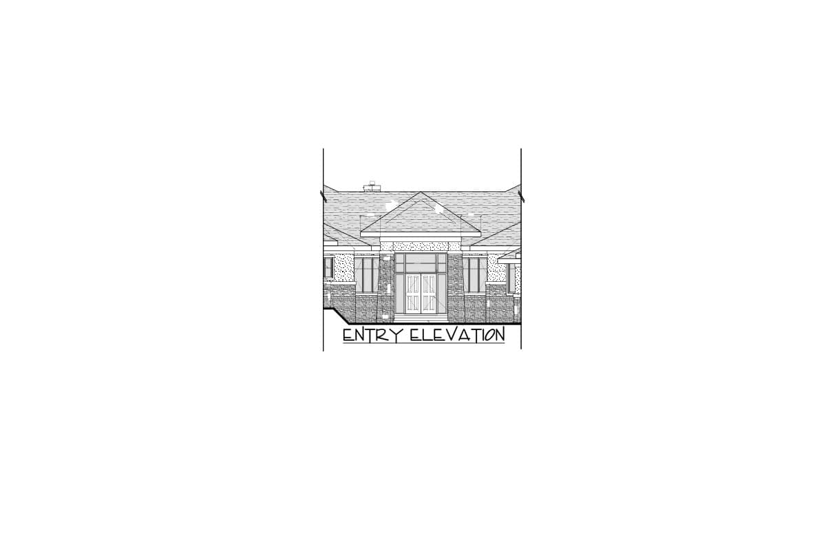 Entry elevation drawing for a house plan featuring a double door entry, symmetrically placed windows, and stone accents.