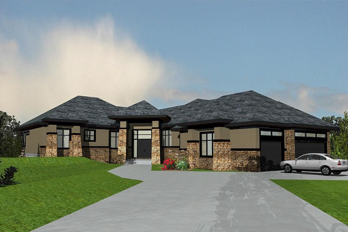 Modern ranch house plan exterior with stone accents, multiple rooflines, covered entryway, and a three-car garage.