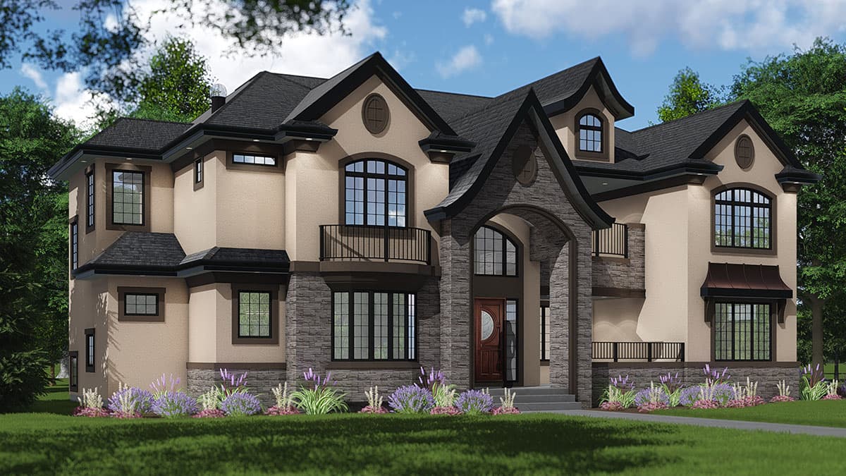 House plan exterior: Two-story home with stone accents, arched entryway, balconies, and multiple gables.