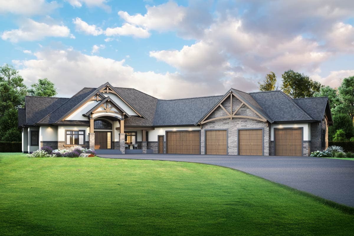 House plan exterior: One-story modern home with a covered entry, stone accents, multiple gables, and a four-car garage.