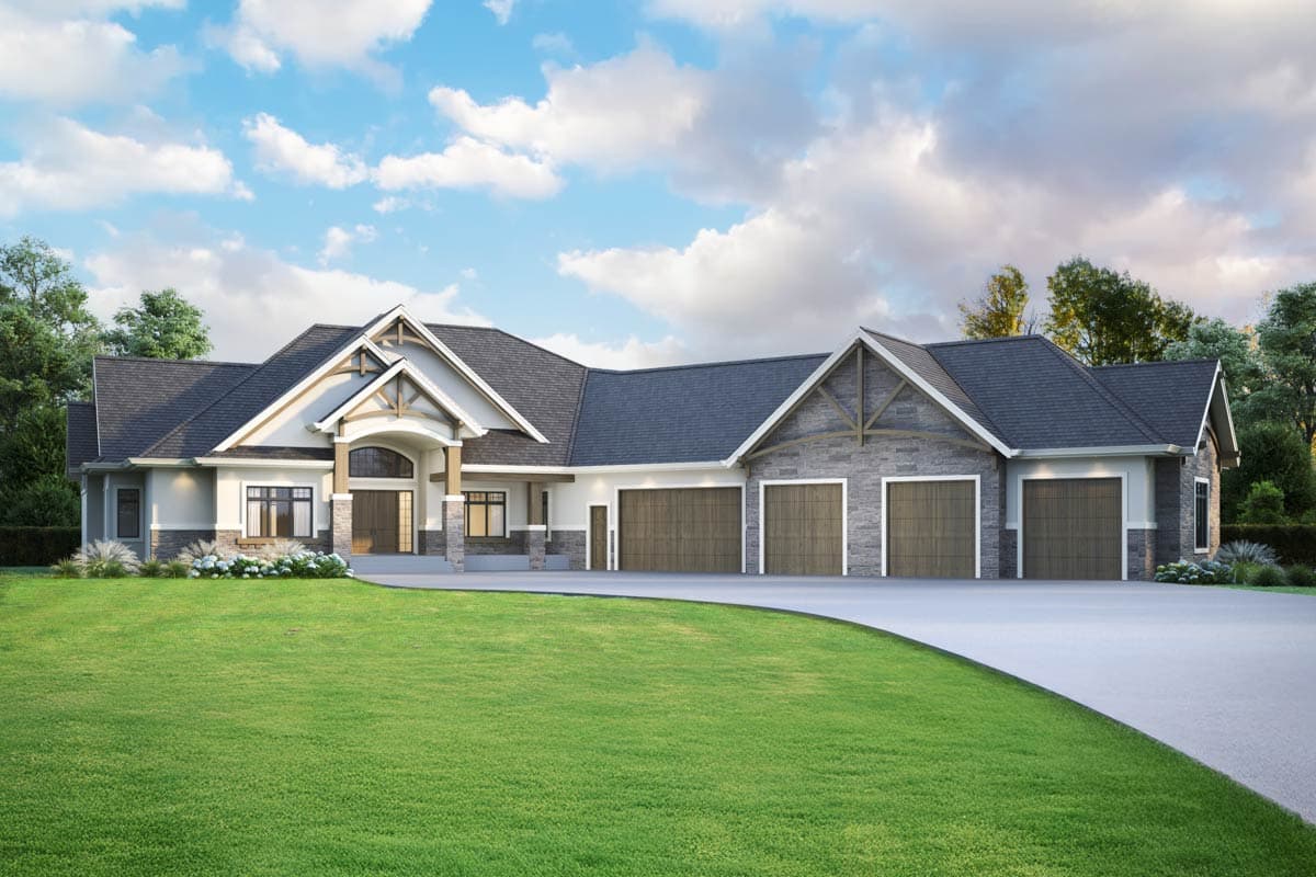 House plan exterior: Modern Ranch style, wide facade with four-car garage, stone accents, and prominent gabled entrance.