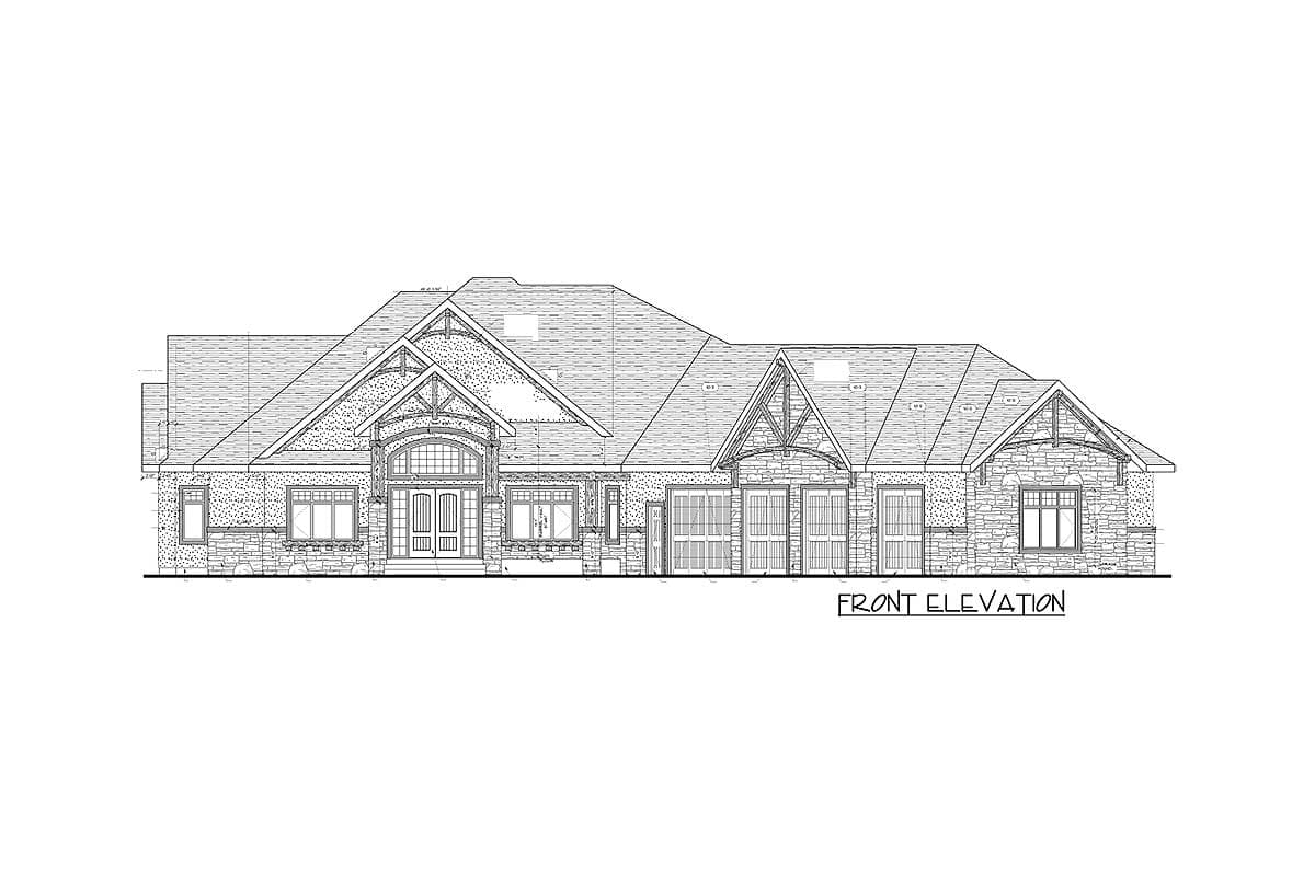 Front elevation drawing of a single-story house plan with a prominent entry, stone and stucco exterior, and multiple gabled dormers.