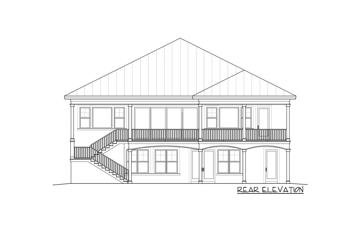 Rear elevation drawing of a two-story house plan with a prominent gable roof, covered balconies, and exterior stairs.
