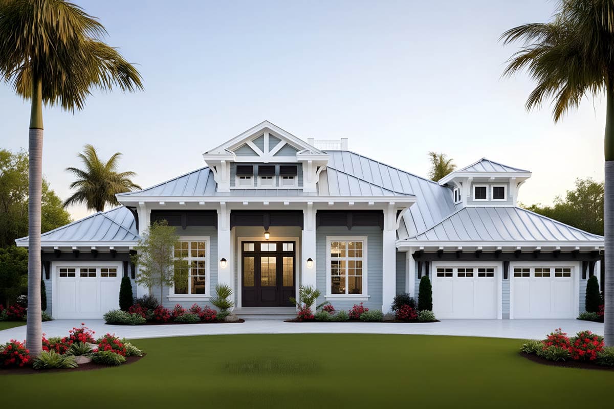 House plan exterior with coastal style, featuring a metal roof, dormers, and a prominent front porch with decorative columns and gables.