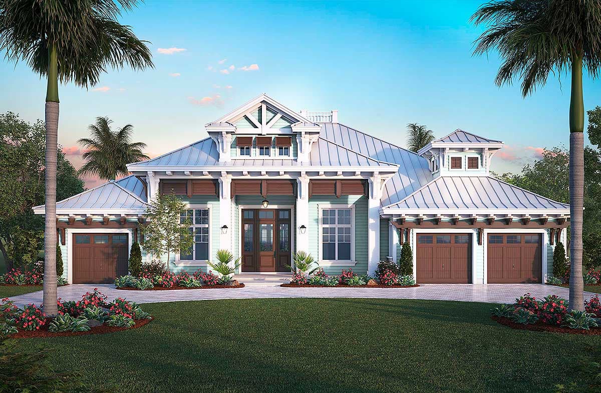 House plan exterior: One-story coastal home with metal roof, gabled dormers, exposed rafter tails, and a three-car garage.