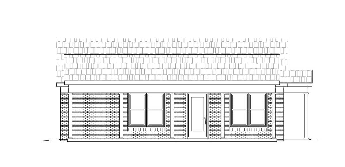 House plan exterior drawing of a one-story home with a brick facade, prominent gable roof, and covered porch supported by columns.