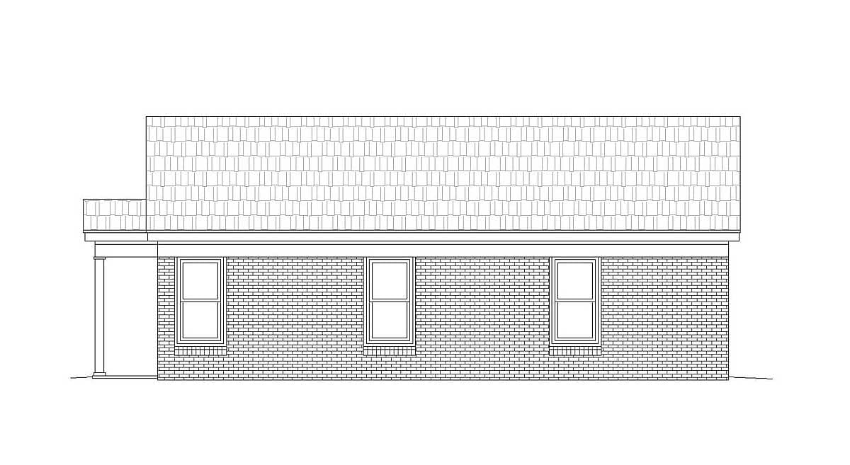 House plan exterior elevation drawing: one-story building with hip roof, brick facade, and three double-hung windows.
