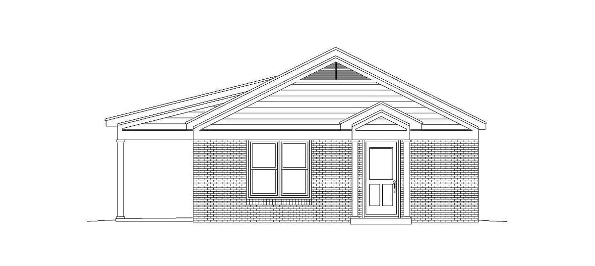 House plan exterior, single-story home with brick facade, gabled roof, front entry porch, and attached covered area.