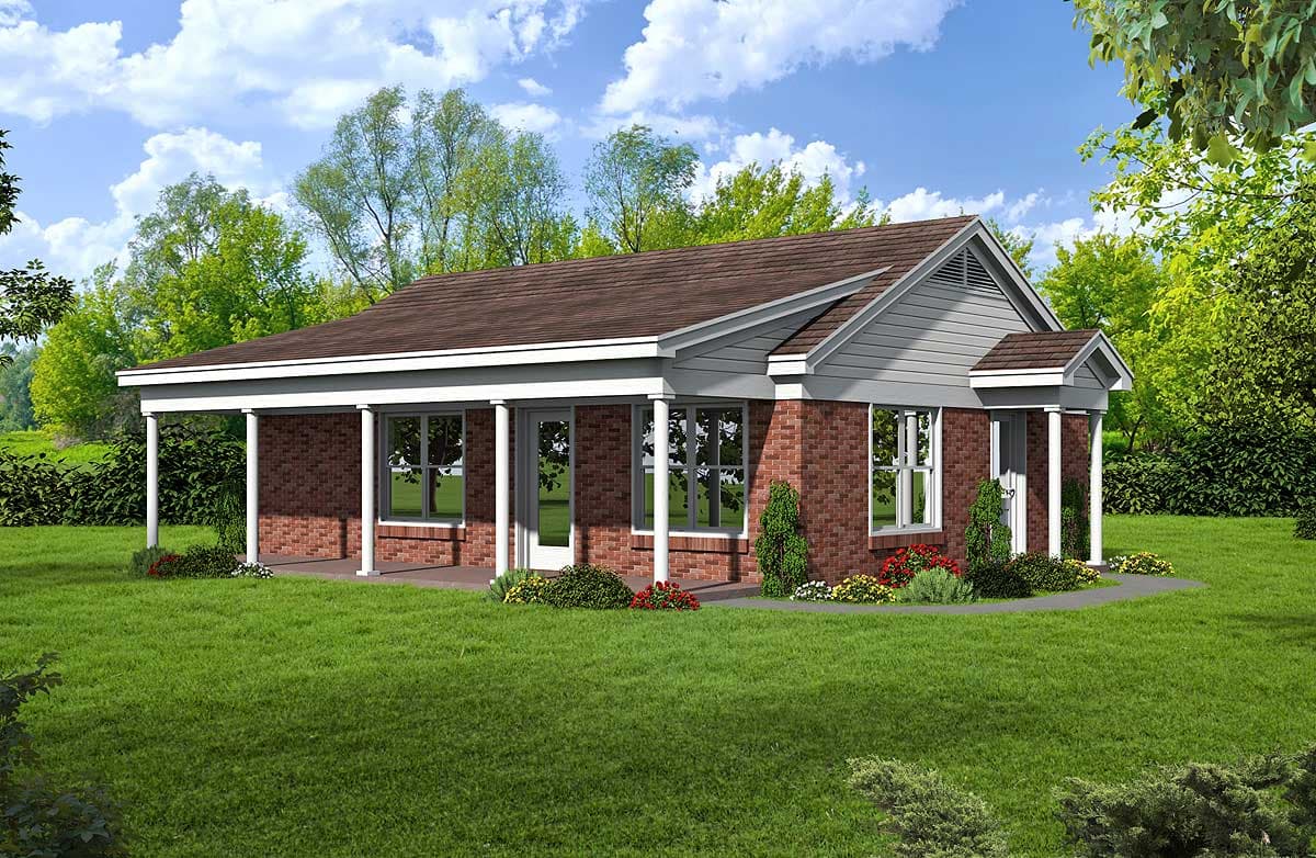 House plan exterior: one-story brick home with wrap-around porch, gables, and pitched roof.