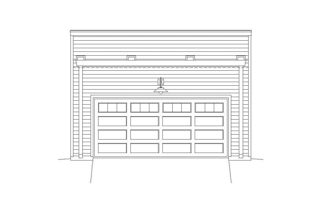 Garage plan exterior drawing showing a two-car garage door with ten windows and a hanging light fixture.