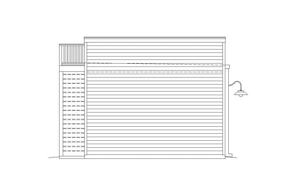 House plan exterior elevation: clapboard siding, railing, and outdoor light.