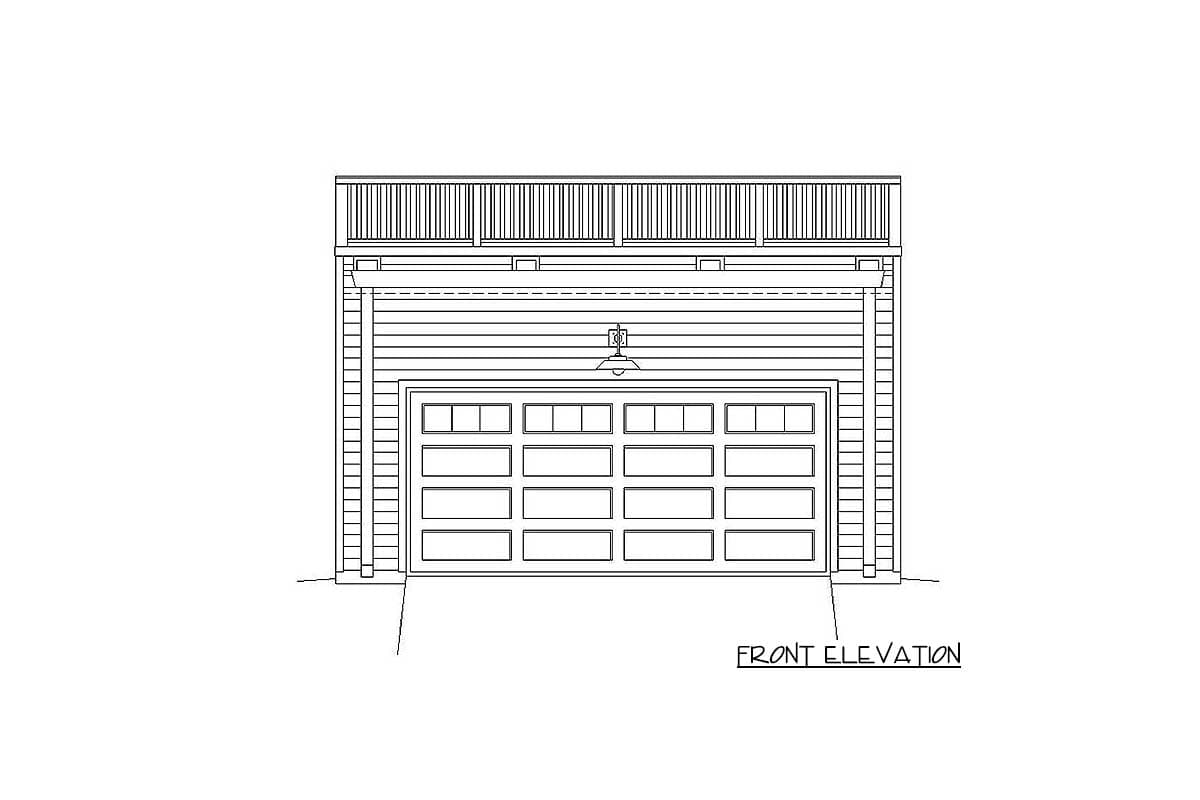 Front elevation drawing of a garage with a multi-paneled overhead door and a deck above.