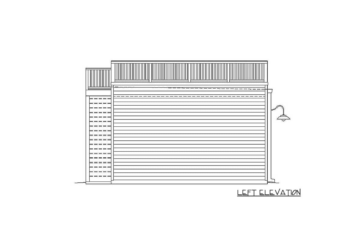 Left elevation drawing of a house plan showing horizontal siding, a deck with railings, and an exterior light fixture.
