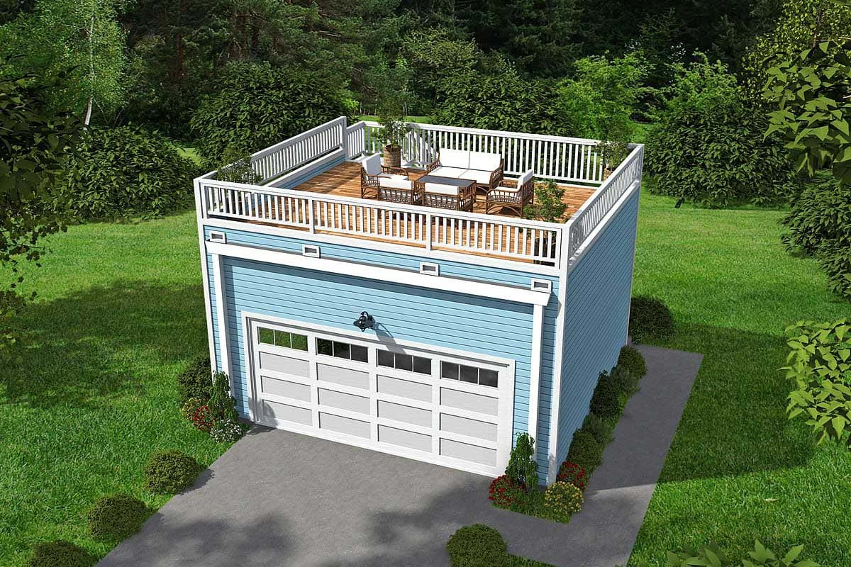 House plan exterior with two-story design. Features a rooftop deck with railing, a garage, and light blue siding. Includes a driveway.