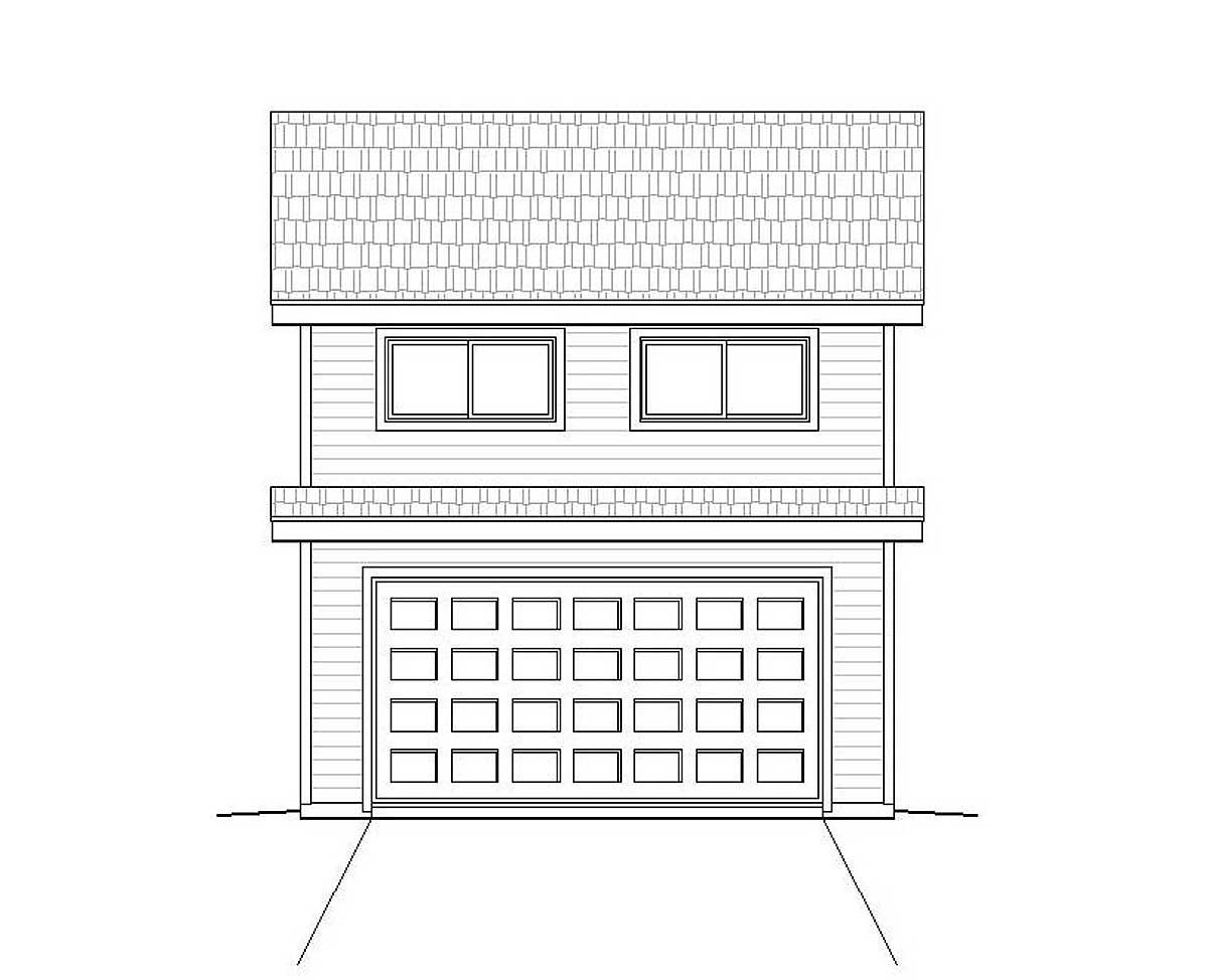 Front elevation drawing of a two-story house plan with a two-car garage door and two windows on the second level.