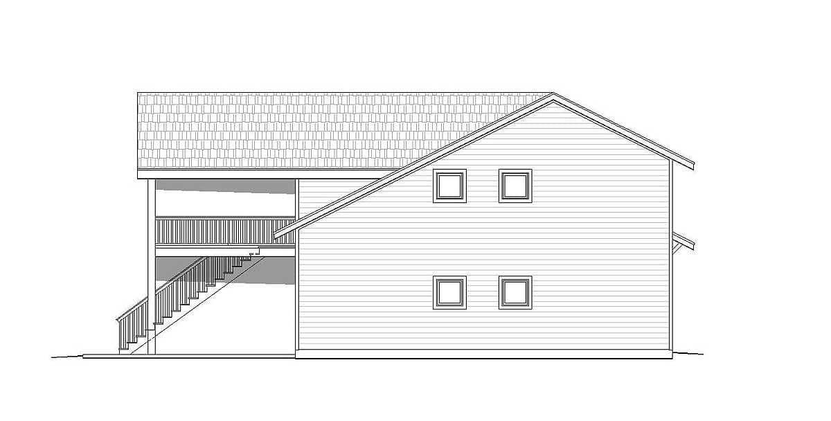 House plan exterior drawing: side view shows raised foundation, exterior stairs, balcony, and four square windows.