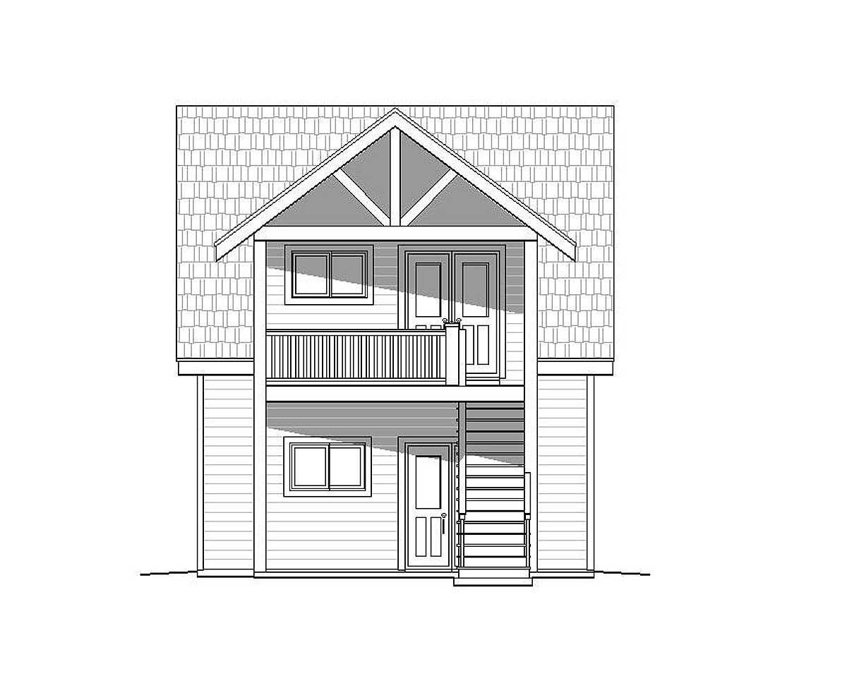 Two-story house plan exterior with a gable roof, balcony, and visible siding.