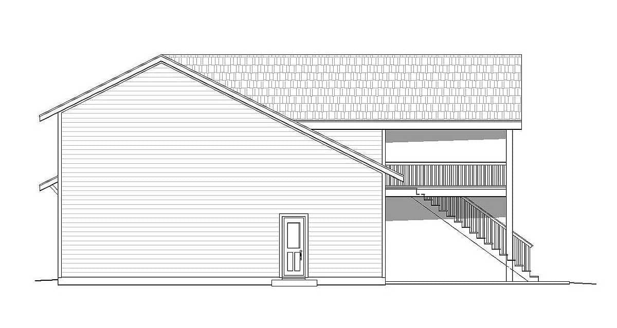 Side elevation house plan showing vinyl siding, a single door, and a covered porch with stairs.