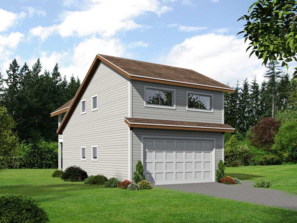House plan exterior rendering of a two-story home with a two-car garage, gabled roof, and horizontal siding.