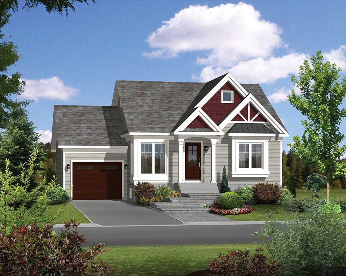 House plan exterior: one-story Modern Farmhouse with attached garage, front entrance porch, and decorative gable with exposed rafter tails.