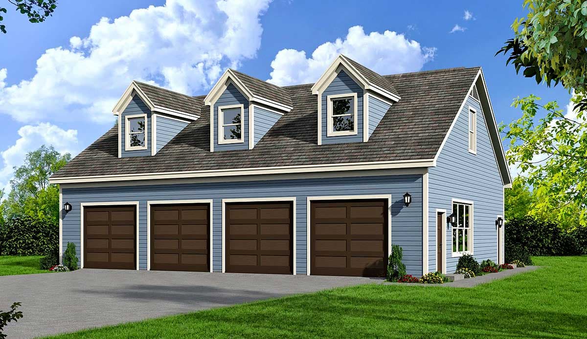 Three-car garage plan exterior with blue siding, dark brown garage doors, and three dormer windows on the roof.