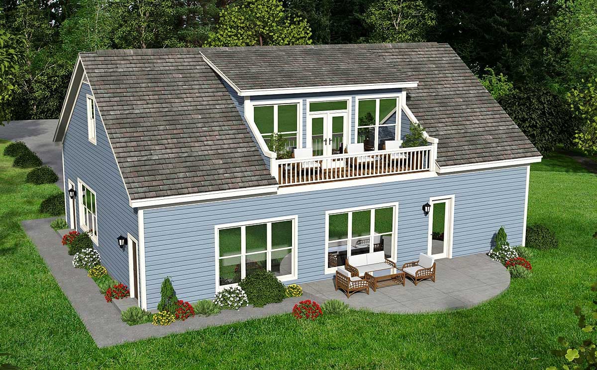 House plan exterior: two-story house with a prominent dormer, second-story balcony, and gable rooflines.