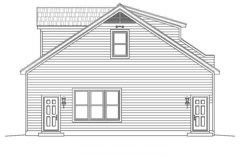 House plan exterior elevation: side view showing two double-pane doors, a central window, and a gable with a small upper window.