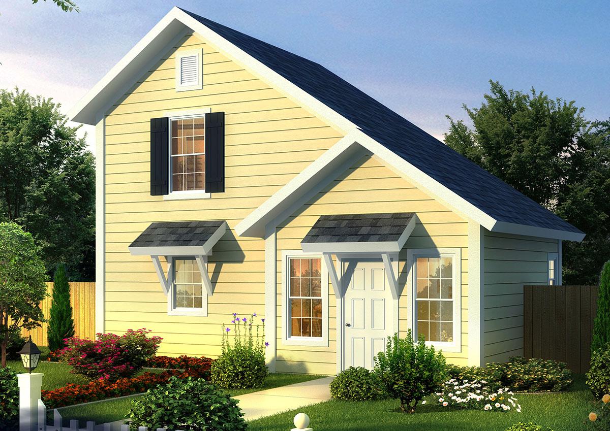 House plan exterior: Two-story home with gabled roof, front door, and awnings over windows.