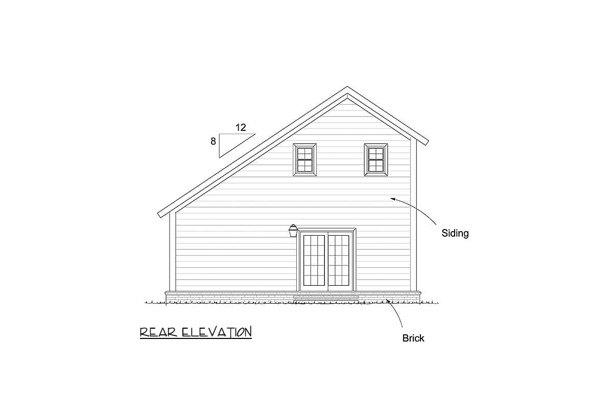 Rear elevation drawing of a house with siding, brick foundation, double doors, and two dormer windows.
