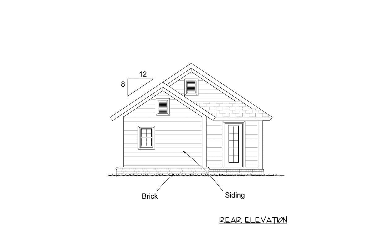 Rear elevation drawing of a house plan with siding, a single door, one small window, and a dormer.