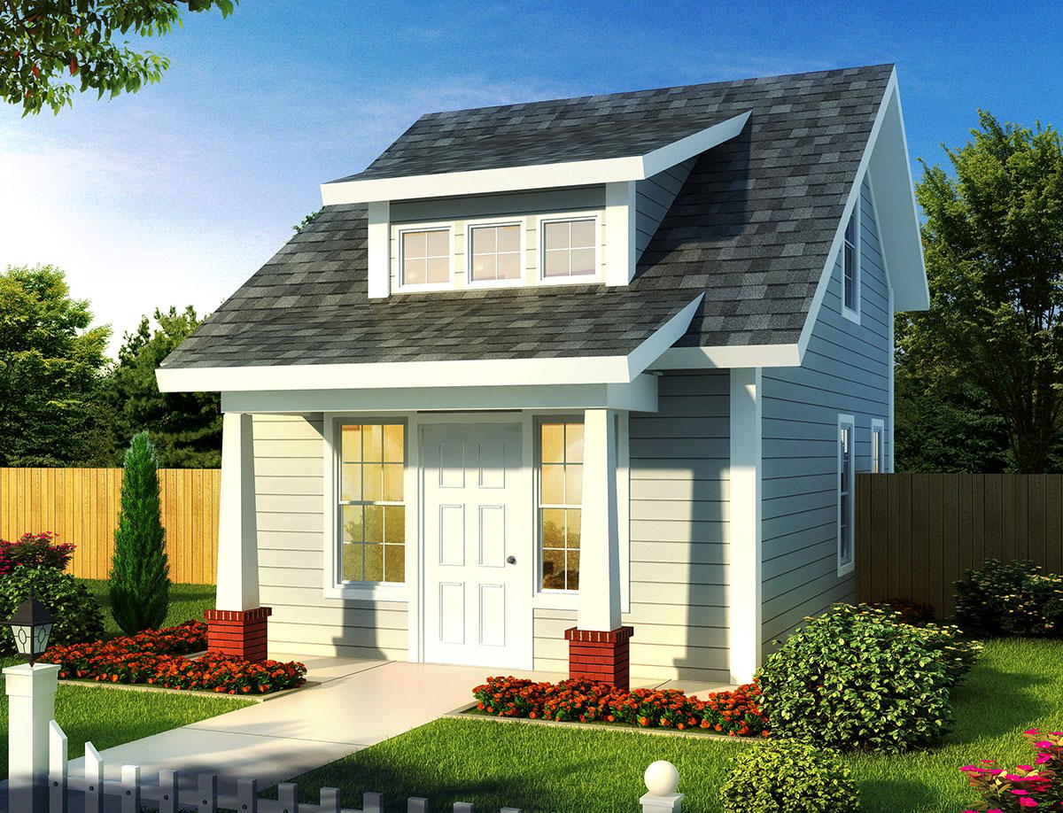 House plan exterior: two-story home with gabled dormer, front porch with square columns, and vinyl siding.