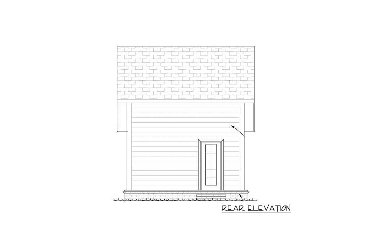 Rear elevation of house plan showing clapboard siding, a shingled gable roof, and a door with a glass pane.