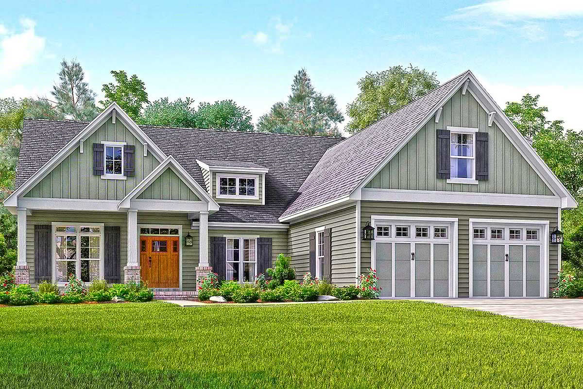 Modern Farmhouse house plan exterior with a prominent gable, covered porch with columns, and a three-car side-entry garage.