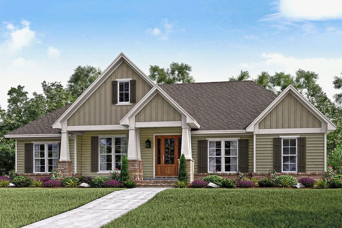 House plan exterior: One-story ranch with prominent gables, covered front porch, stone accents, and double front doors.