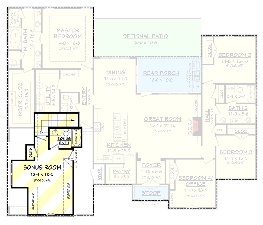 Plan 51740HZ: French Country House Plan with Bonus Space - 2399 Sq Ft - Floor Plan - Bonus - Acadian, European, French Country, Louisiana-Style, Ranch