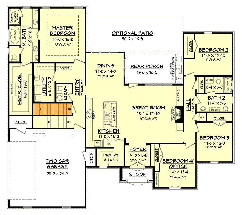 Plan 51740HZ: French Country House Plan with Bonus Space - 2399 Sq Ft - Floor Plan - Basement Stair Location - Acadian, European, French Country, Louisiana-Style, Ranch