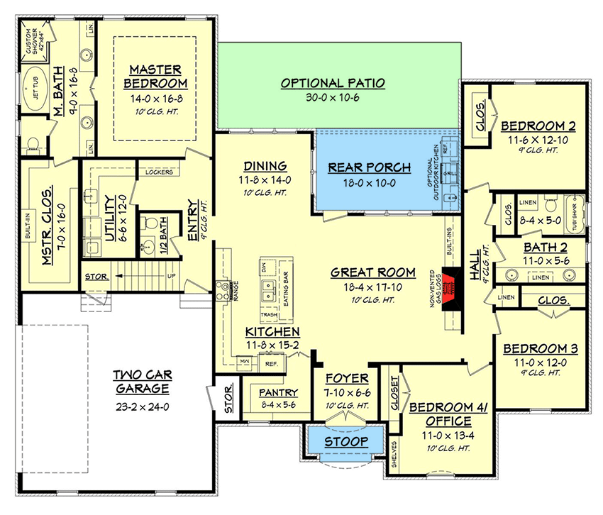 Plan 51740HZ: French Country House Plan with Bonus Space - 2399 Sq Ft - Floor Plan - Main Level - Acadian, European, French Country, Louisiana-Style, Ranch
