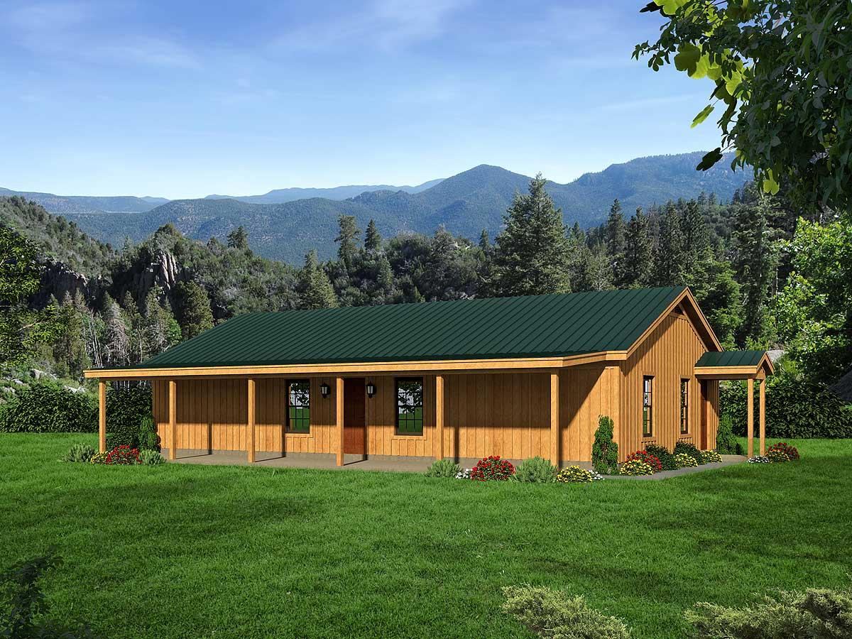 Ranch house plan exterior with wraparound porch, central entry, and gable roof. One story.