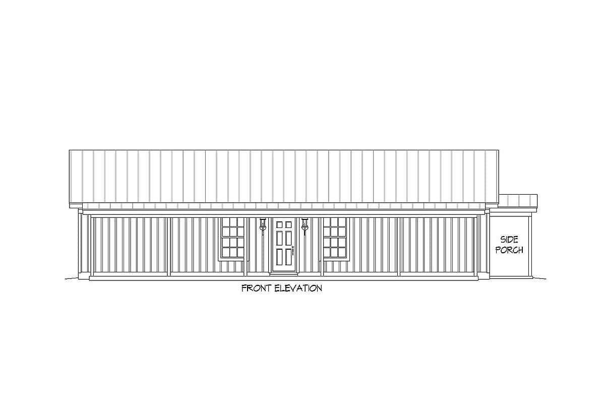 Front elevation drawing of a one-story house plan with a full-width porch, double front doors, and a side porch.
