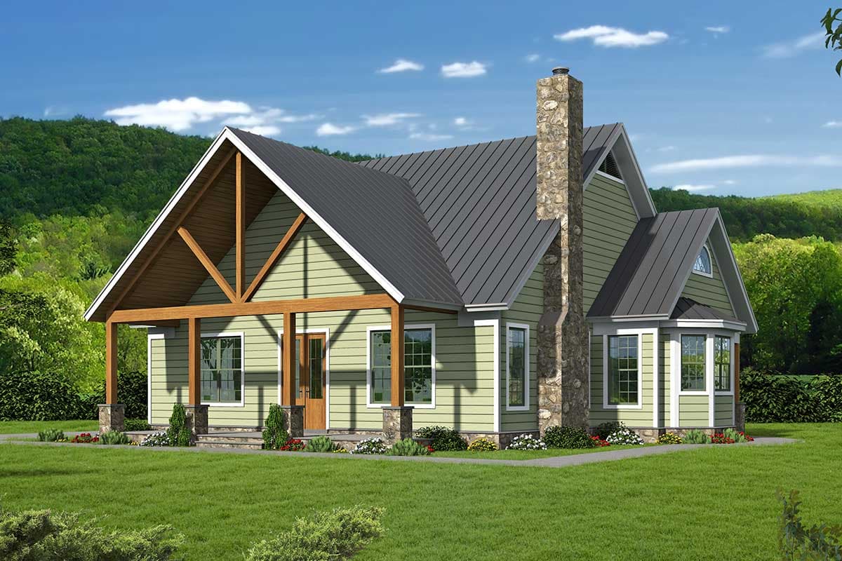 House plan exterior: Modern Farmhouse style, one story, with a covered porch, prominent stone chimney, and metal roof.