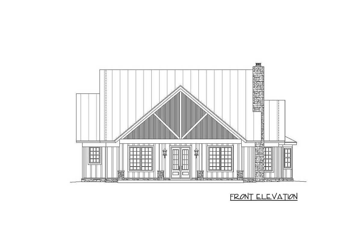 Front elevation drawing of a house plan with a prominent gable, metal roof, double doors, stone chimney, and large windows.