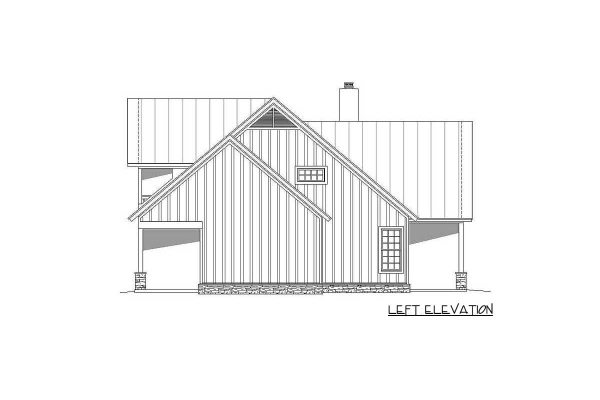 Left elevation house plan showing a metal roof, wood siding, multiple gables, and a stone foundation.