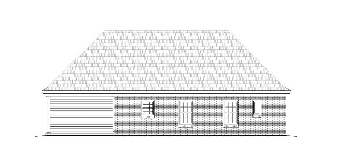 House plan exterior drawing showing a side view with a garage door, brick facade, and three windows under a hip roof.
