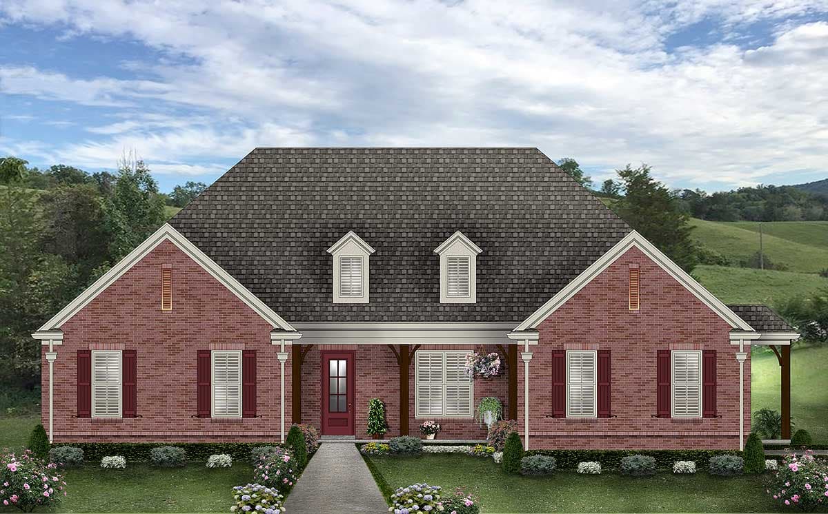House plan exterior: One-story brick home with a covered front porch, gable rooflines, and two dormer windows.