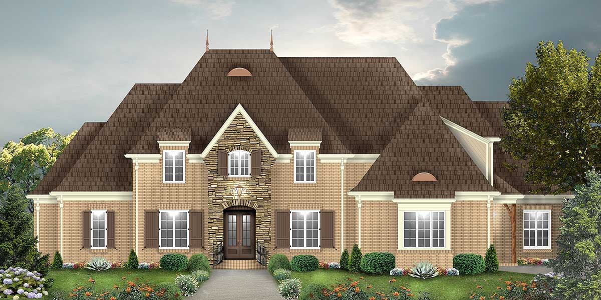 House plan exterior: Brick two-story home with steeply pitched roof, stone-clad entry gable, dormers, and shutters.