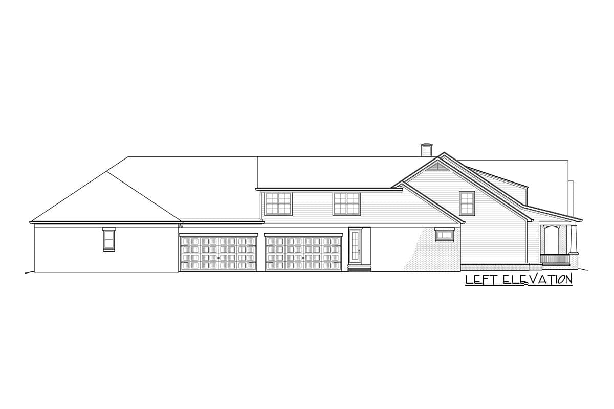 Left elevation house plan featuring a three-car garage, gable roof, porch, and varied window styles.