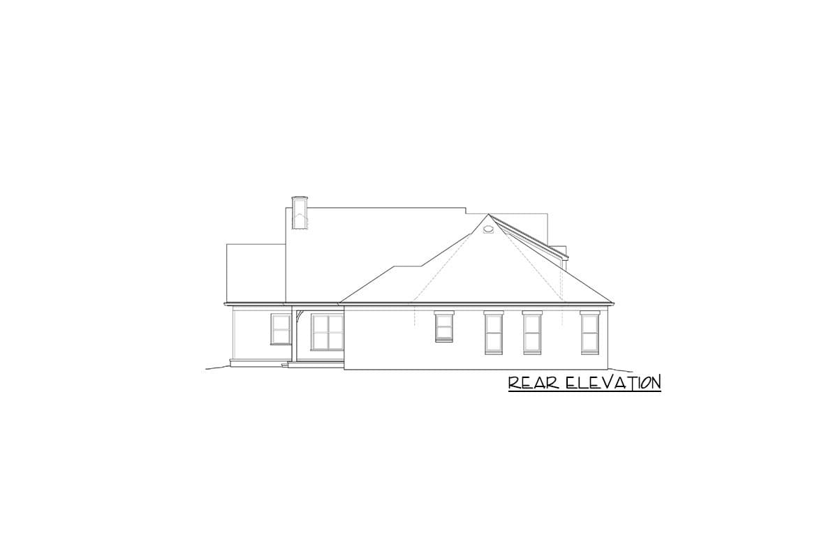 Rear elevation drawing of a house plan featuring a prominent gable, dormer, chimney, and covered porch.